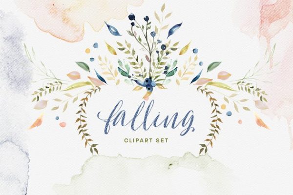 水彩花卉剪贴画汇总[对象、花环&纹理] Falling Watercolor Clipart Bundle