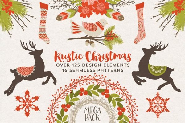 乡村圣诞矢量图形与无缝图案纹理素材精选 Rustic Christmas Graphics & Patterns