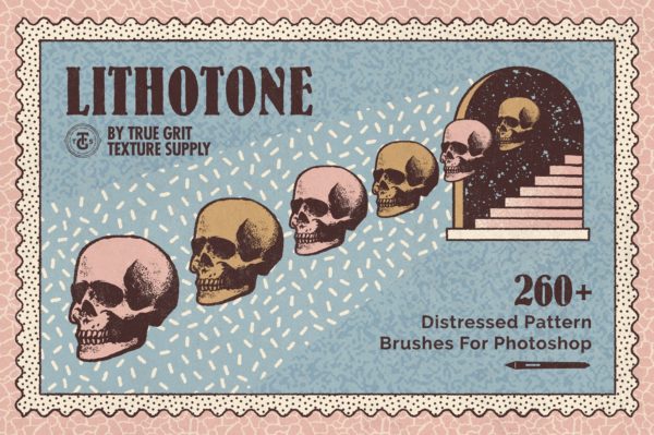 70年代转印凹模样板图案纹理素材精选&PS笔刷套装 LITHOTONE Distressed Pattern Brushes