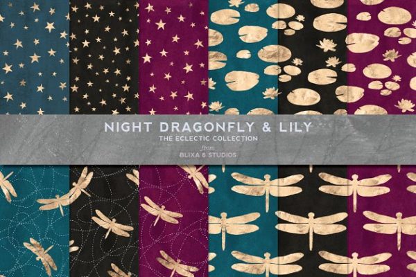 玫瑰金星空/荷叶/蜻蜓图案纹理素材精选 Rose Gold Night Dragonfly Patterns