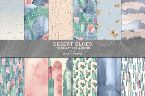 沙漠/旱地/仙人掌水彩插画图案纹理素材精选 Desert Blues Cactus Watercolors