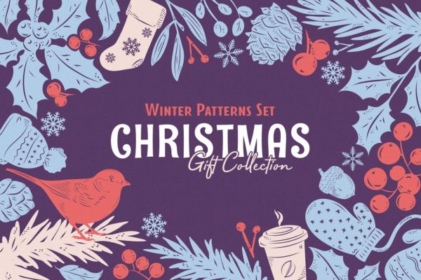 圣诞节礼物包装纸张图案纹理素材精选 Christmas Gift: Vector Patterns Set