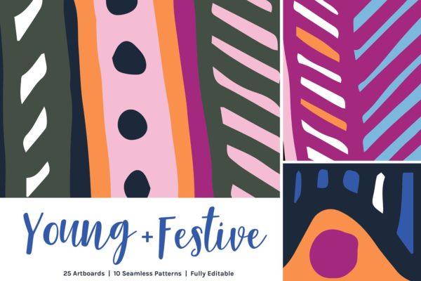 多彩抽象设计线条纹理图案 Young Festive | Artboards + Patterns