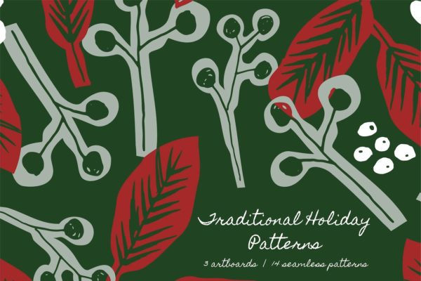 传统手绘节日植物元素 Traditional Holiday Patterns