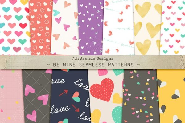 爱心心形礼品包装纸张纹理 Be Mine Seamless Patterns