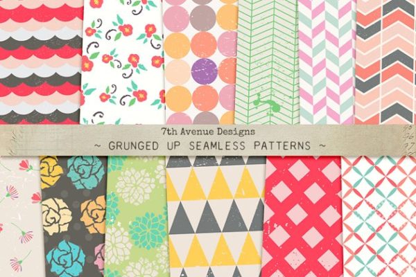多彩几何花卉无缝图案纹理素材精选 Grunged Up Seamless Patterns