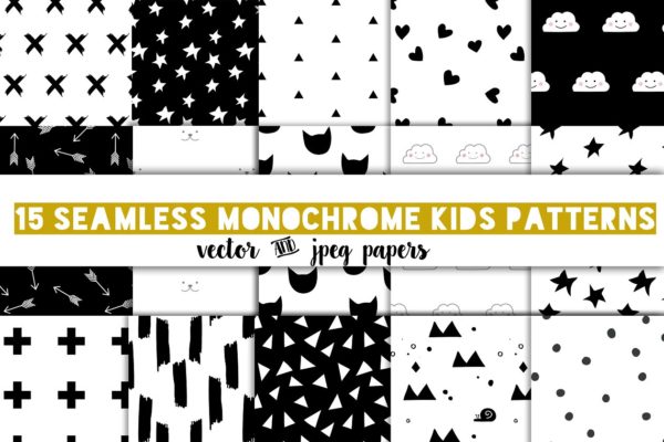 现代流行黑白单色儿童主题图案 Modern kids patterns,black and white