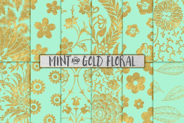薄荷色和金色花卉背景 Mint and Gold Floral Backgrounds