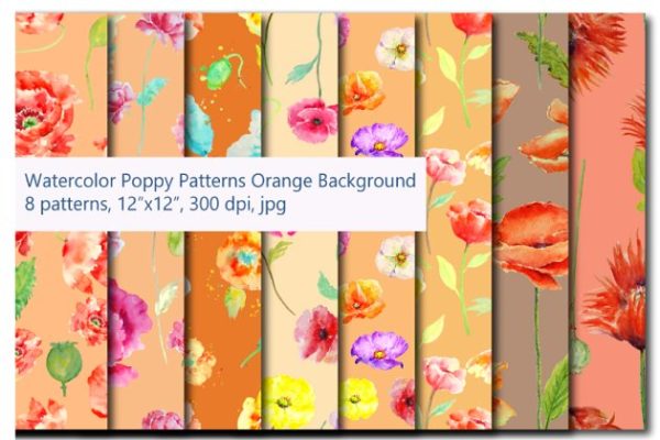 橙色水彩罂粟花图案纹理素材精选 Watercolor Poppy Pattern Orange