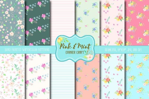 粉色和薄荷色礼品纸张图案素材 Digital Paper Floral Pink and Mint