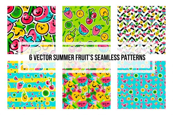6款夏季手绘水果印花图案素材 Summer Fruits Patterns