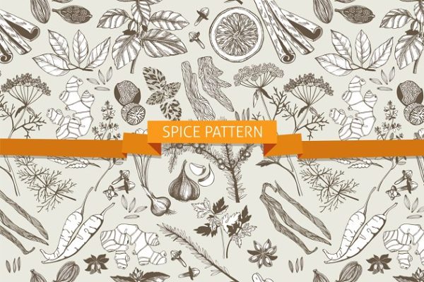手绘厨房香料图案背景素材 3 Kitchen Spice Patterns Set