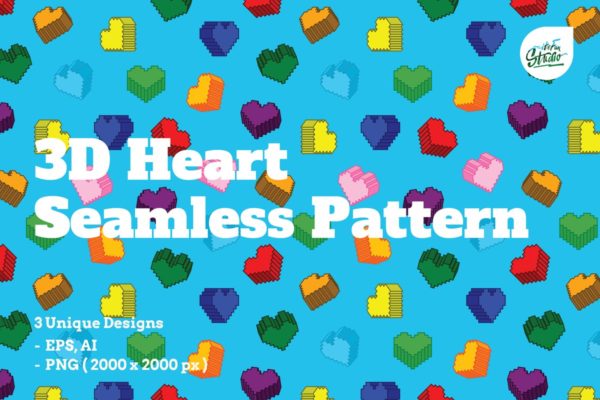 复古数码风格3D心形图形无缝图案纹理素材精选 3D Heart Seamless Patterns
