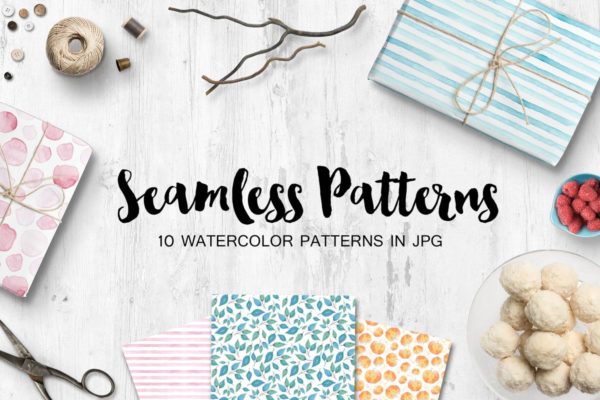 水彩手绘图案无缝背景纹理 Watercolor seamless patterns set