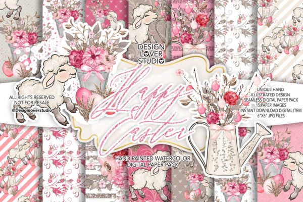 粉红系复活节礼品包装纸张图案纹理素材精选套装 Happy Easter Lamb digital paper pack