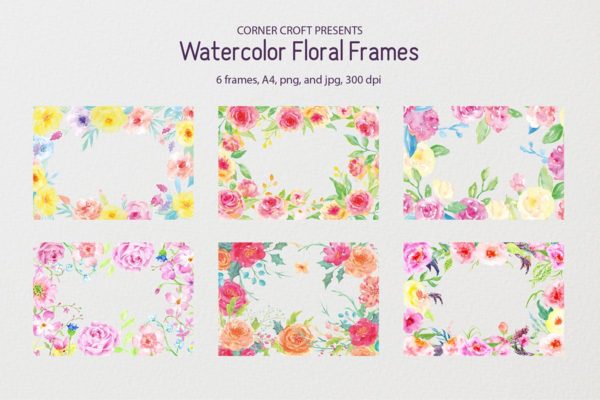 黄色&粉红色水彩花卉框架套装 Watercolor floral frame yellow and pink
