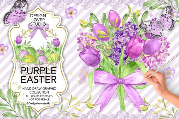 紫色复活节水彩数码纸张背景素材 Watercolor PURPLE EASTER digital paper pack