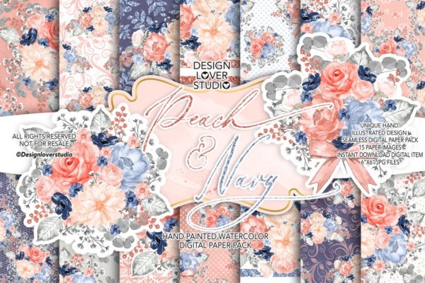 桃红色&海军蓝水彩图案礼品纸张套装 Watercolor Peach and Navy digital paper pack