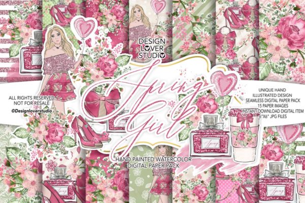 情人节礼物腮红色水彩花卉剪贴画设计素材 Spring Girl digital paper pack