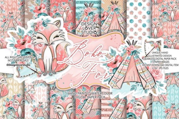 波西米亚风格狐狸无缝图案设计素材 Boho Fox digital paper pack