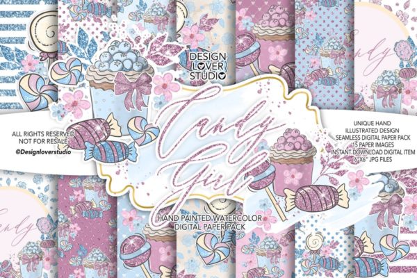 糖果女孩水彩花卉剪贴画汇总 Candy Girl digital paper pack