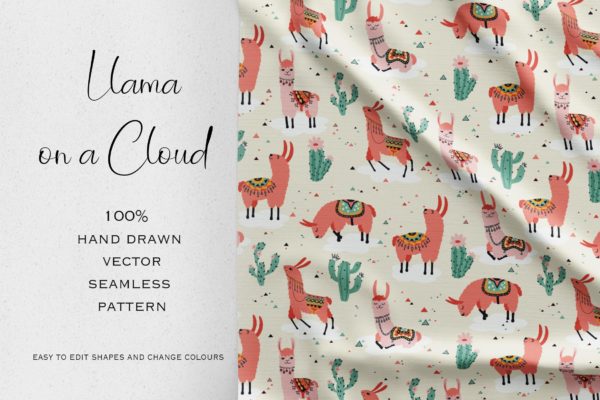 云端骆驼手绘贴图图案纹样无缝背景图素材 Llama on a cloud