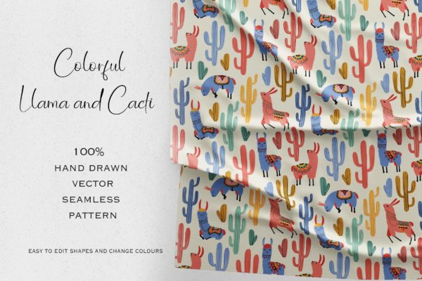 五颜六色的美洲驼和仙人掌手绘图案无缝贴图素材 Colourful Llama and Cacti