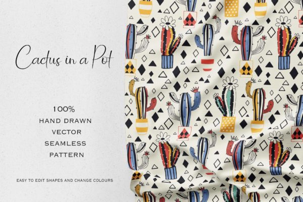 仙人掌手绘图案无缝贴图纹样背景设计素材 Cactus in a pot on milky white