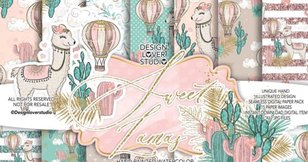 可爱羊驼动物水彩无缝背景图案设计素材 Sweet Lamas digital paper pack