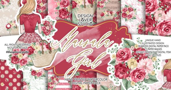 漂亮女孩水彩花卉图案纹样婚礼设计素材 Marsala Girl digital paper pack