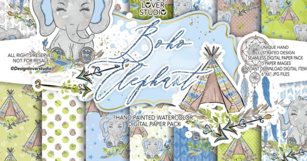 波西米亚风格可爱大象水彩背景图案汇总 Boho Elephant Blue Cute digital paper