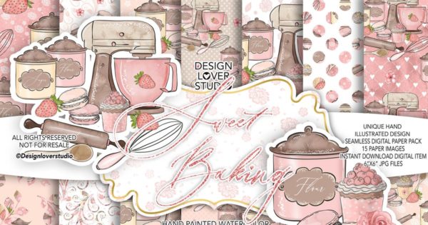 美食烘焙烹饪水彩背景图案图片设计素材 Sweet Baking digital paper pack