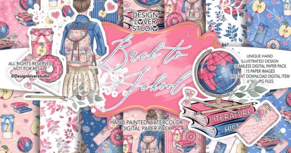 开学季校园主题水彩无缝背景图案素材汇总 Back to School digital paper pack