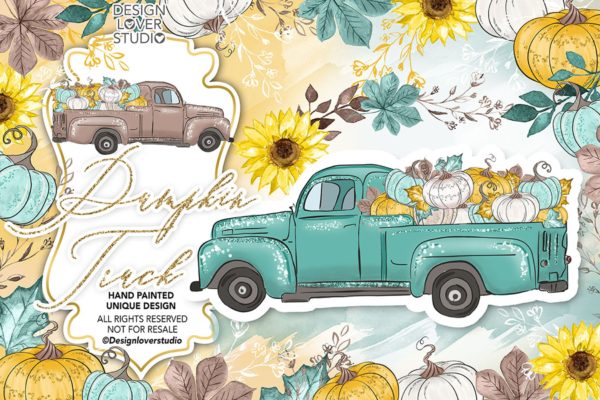 感恩节主题风格南瓜卡车手绘图案背景素材 Thanksgiving car design