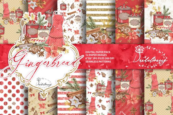 圣诞节&姜饼数码纸张背景素材 Christmas Gingerbread digital paper pack