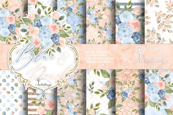 蓝色桃色水彩手绘图案数码纸张设计素材 Watercolor Blue Peach digital paper pack