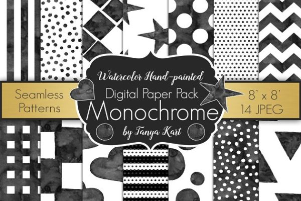 黑白水彩无缝纸质背景素材 Monochrome Watercolor Digital paper