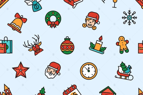 圣诞节主题图标无缝图案纹理素材精选矢量背景 Christmas linear symbols seamless pattern