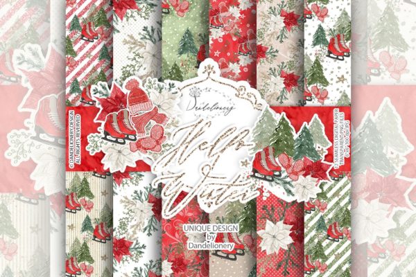 冬季主题手绘装饰图案数码纸张设计素材 Hello Winter digital paper pack