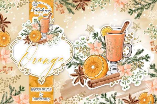 圣诞节主题橙色设计风格剪贴画高清PNG素材 Christmas Orange design