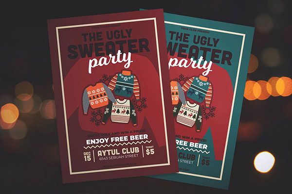 冬天冬季毛衣派对party新年圣诞节宣传单DM海报设计模板