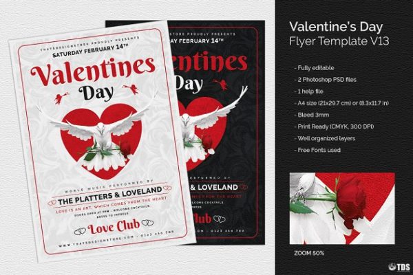 情人节主题传单PSD模板v13 Valentines Day Flyer PSD V13