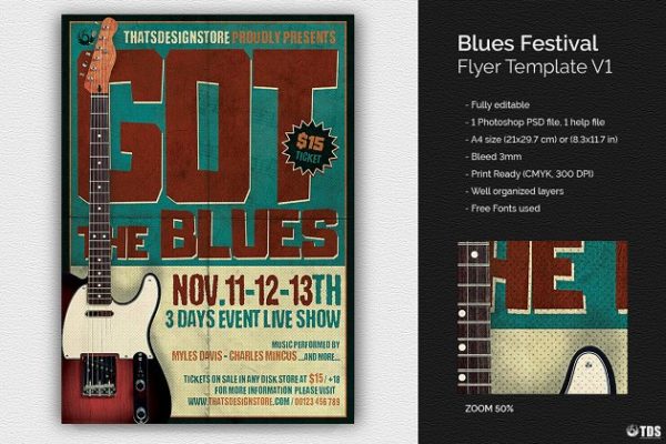 蓝调音乐派对传单PSD模板v1 Blues Festival Flyer PSD V1