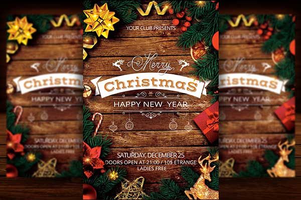 乡村风格的圣诞节&新年海报模板 Christmas New Year Party Flyer [psd]