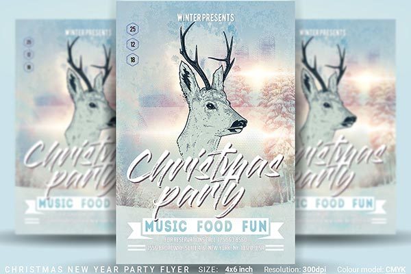 冬季驯鹿风格的圣诞节新年海报模板 Christmas New Year Party Flyer [psd]