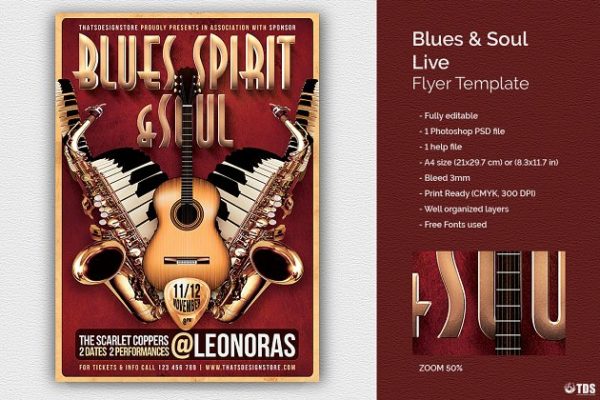 蓝调&灵魂音乐节活动海报传单设计模板 Blues and Soul Live Flyer PSD