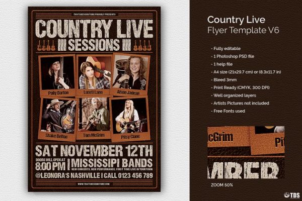 乡村音乐民谣演奏会宣传传单PSD模板 V6 Country Live Flyer PSD V6