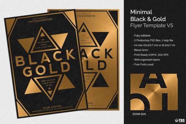 极简主义黑金俱乐部PSD传单模板V.5 Minimal Black Gold Flyer PSD V5