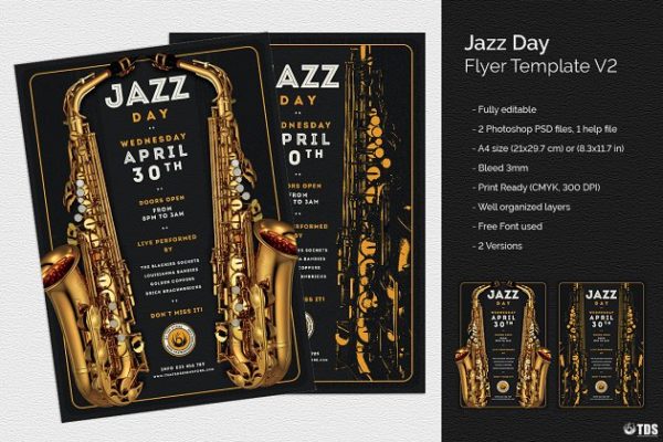 爵士音乐现场演奏会海报传单PSD模板V.2 Jazz Day Flyer PSD V2