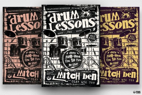 架子鼓演奏乐队表演宣传PSD模板V1 Drum Lessons Flyer PSD V1